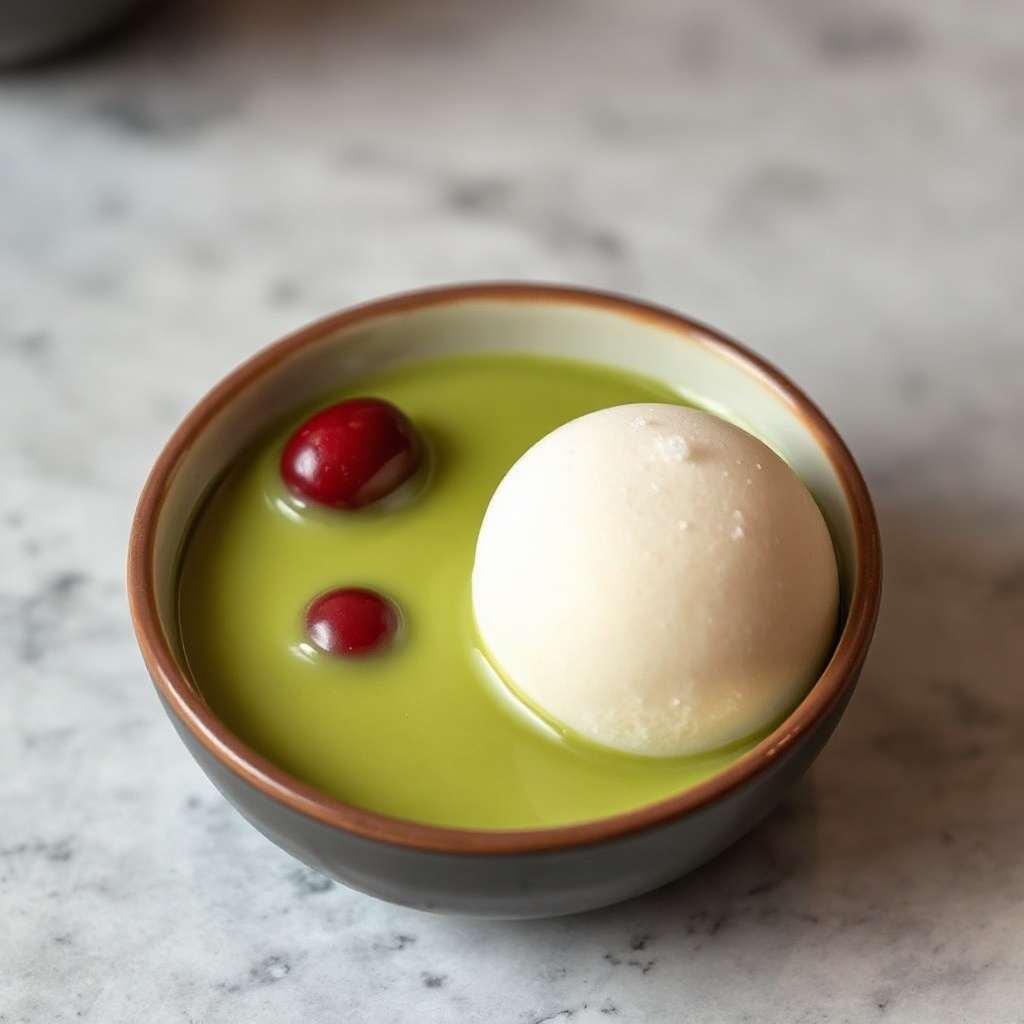Matcha dessert with a mochi ball and red beans
