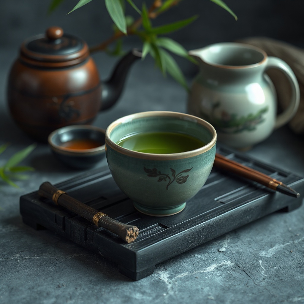 Green tea in a ceramic cup on a slate tea tray