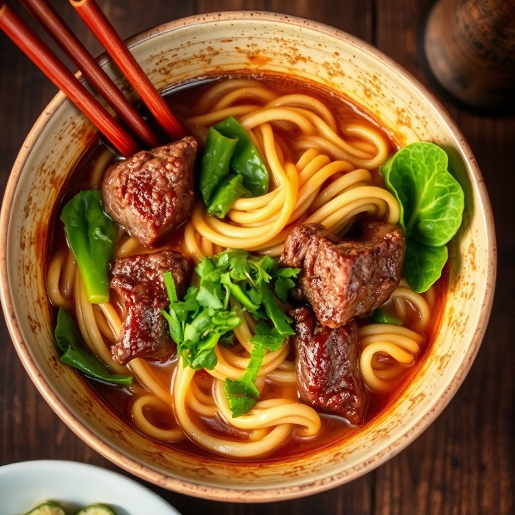 Bowl of beef noodle soup in a rustic ceramic bowl