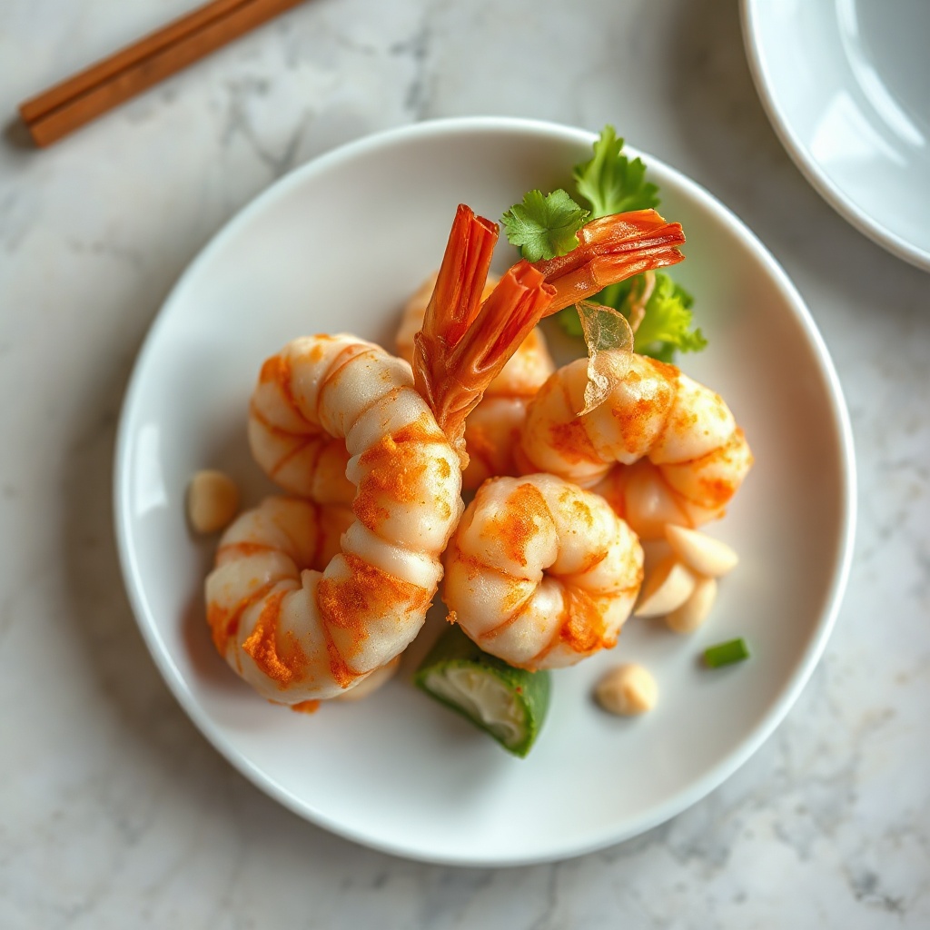 Bamboo steamer of shrimp dumplings with soy dipping sauce