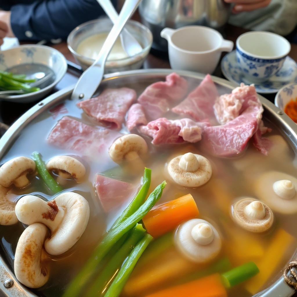 Hot pot simmering with mushrooms, sliced beef and vegetables