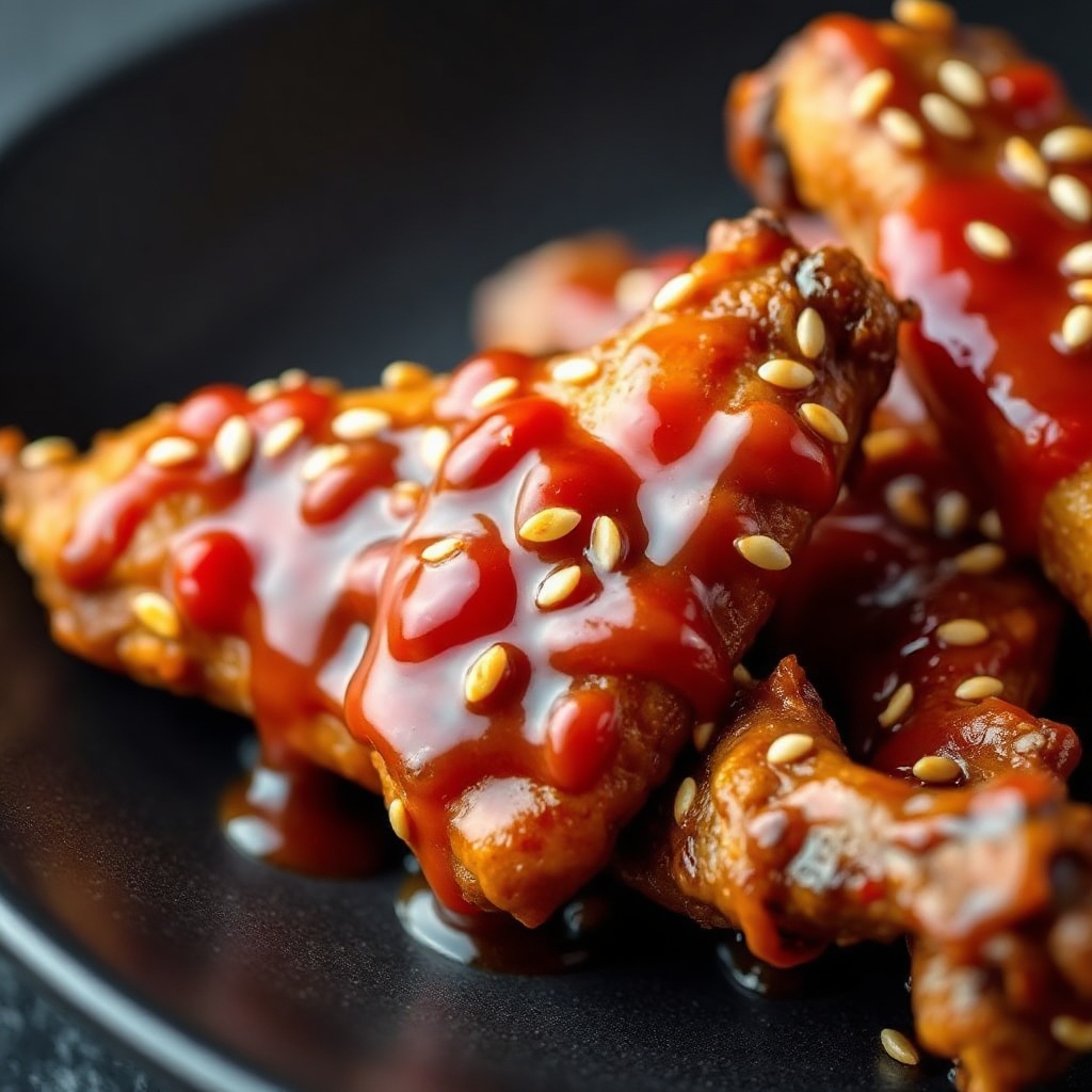 Korean fried chicken wings glazed in sweet and spicy sauce with sesame seeds