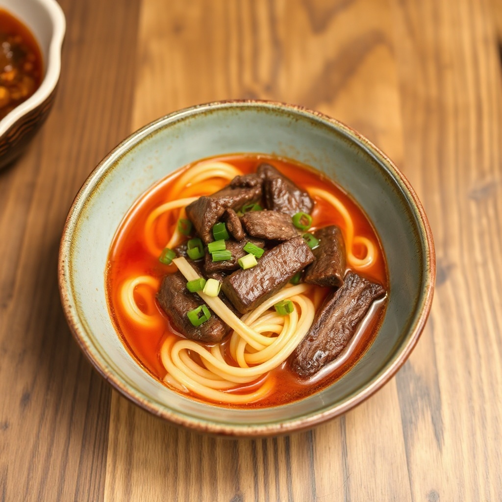 Sichuan beef noodle soup with a rich red broth and spring onion