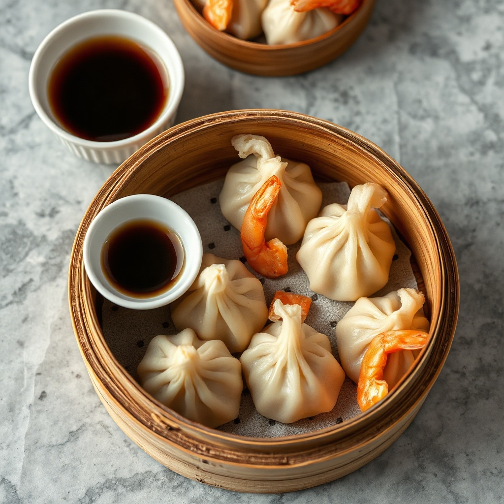 Steamer basket of shrimp dumplings with soy sauce