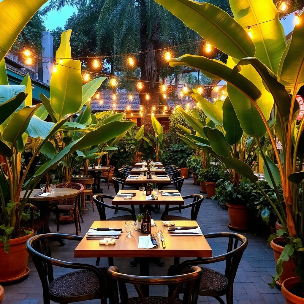Outdoor garden seating with tropical plants and warm string lights