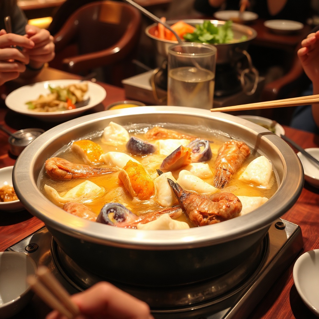 Friends sharing a bubbling seafood hot pot at the table
