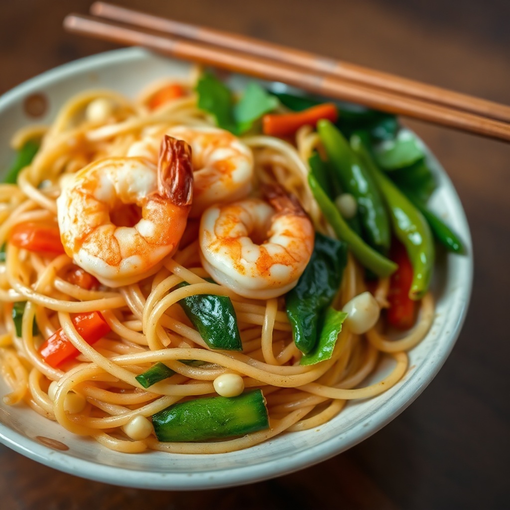 Singapore noodles with shrimp and vegetables
