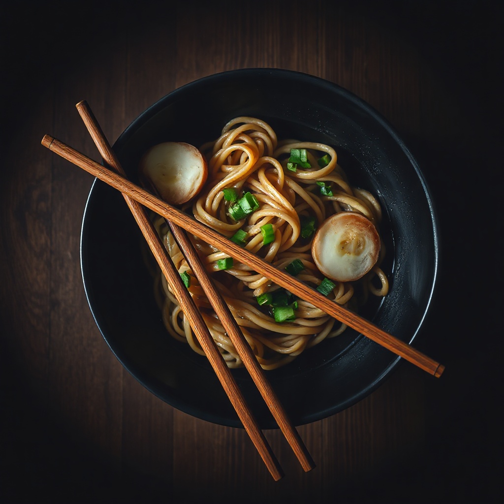Overhead view of a dark bowl of noodles with chopsticks resting across it